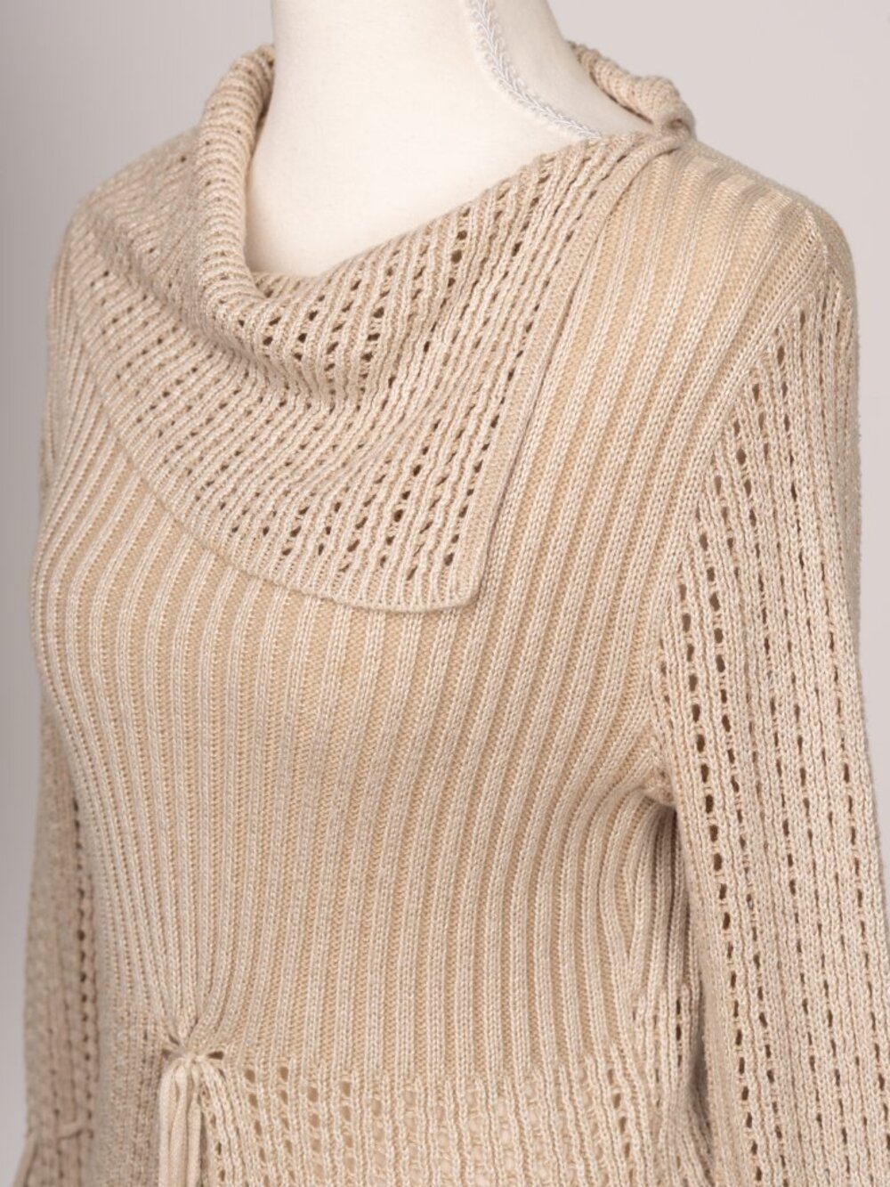Vintage Y2K Rave Brand Beige Open Knit Cowl Neck Sweater Boho Whimsigoth Medium - Picture 3 of 11